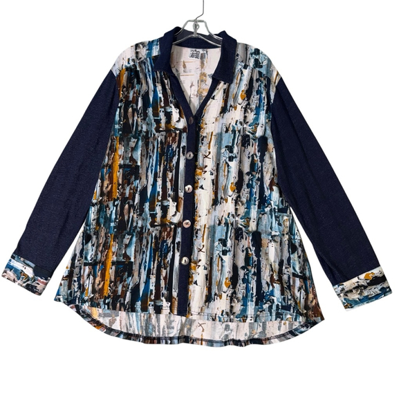 Parsley & Sage Tops - Women's Parsley & Sage Button Down Tunic Shirt XL Blue Brown Abstract Artsy